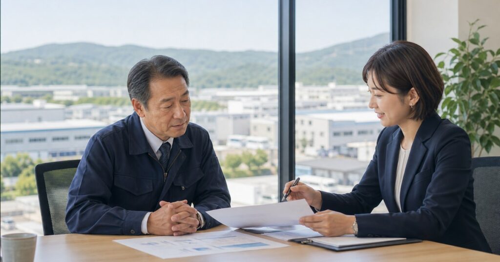 入間市の会社売却で譲渡企業様の手数料0円を相談する経営者とM&Aアドバイザー