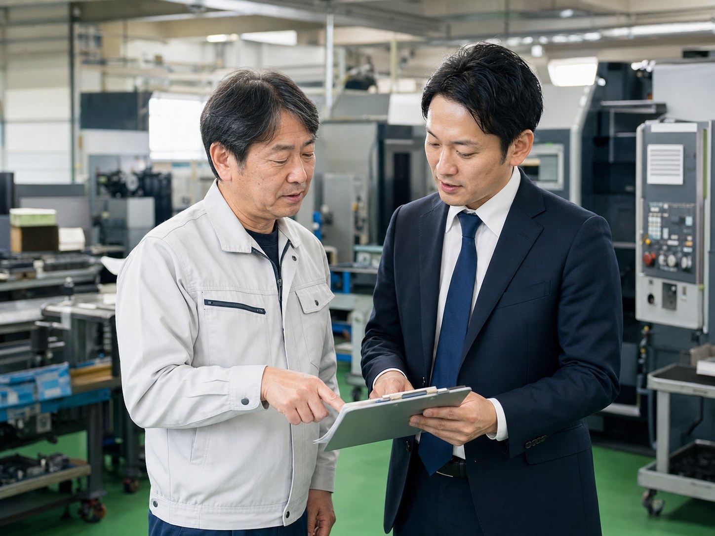 入間・埼玉西部の製造業事業承継を現場で確認する経営者とM&Aアドバイザー
