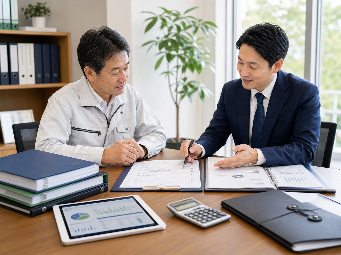 譲渡前の資料整理と情報管理を進める経営者とM&Aアドバイザー