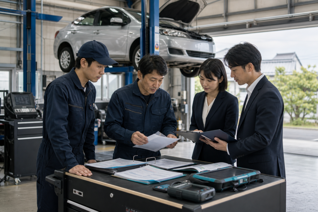 自動車整備工場で担当者が資料を確認するイメージ