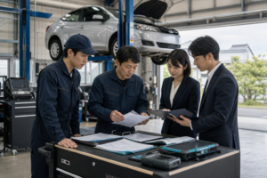 自動車整備工場で担当者が資料を確認するイメージ