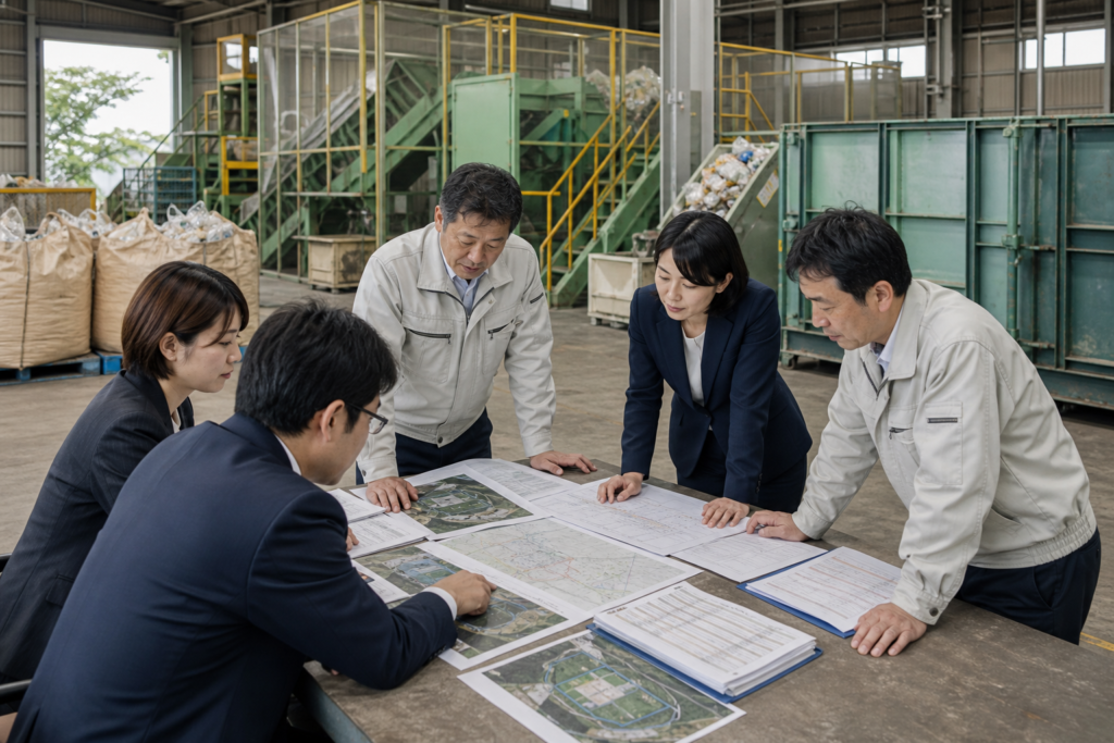 資源処理施設で複数の担当者が資料を確認するイメージ