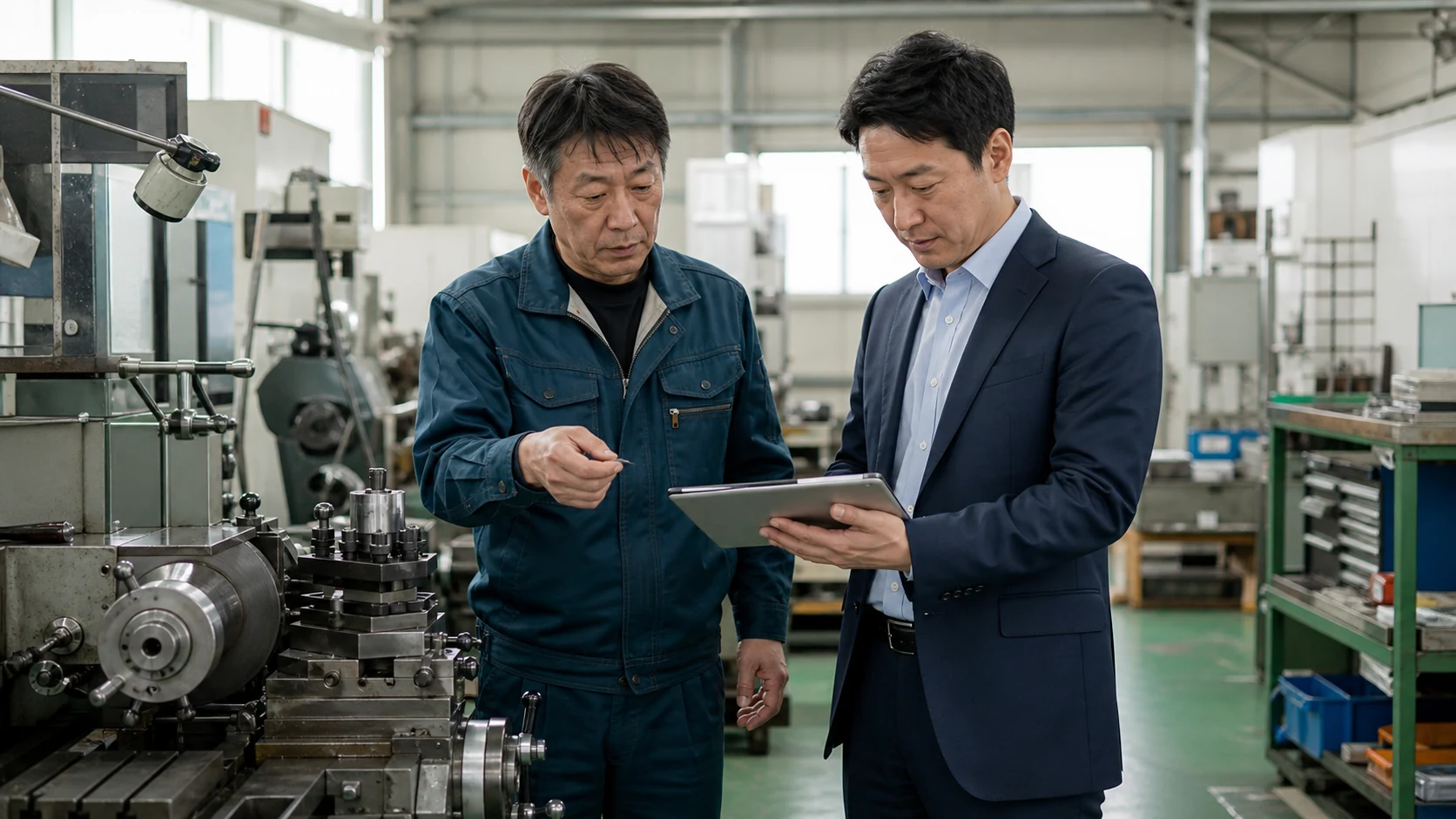製造現場で設備や業務の承継ポイントを確認する経営者とアドバイザーのイメージ