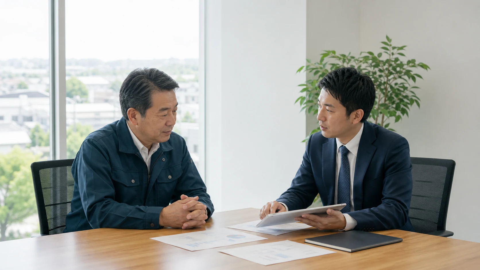 会社の将来と事業承継について資料を確認する経営者とM&Aアドバイザーの相談風景イメージ