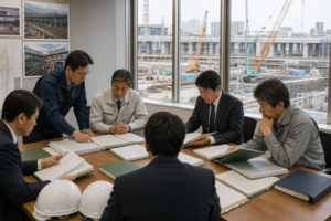 建設現場を望む会議室で工事資料を確認する人々のイメージ