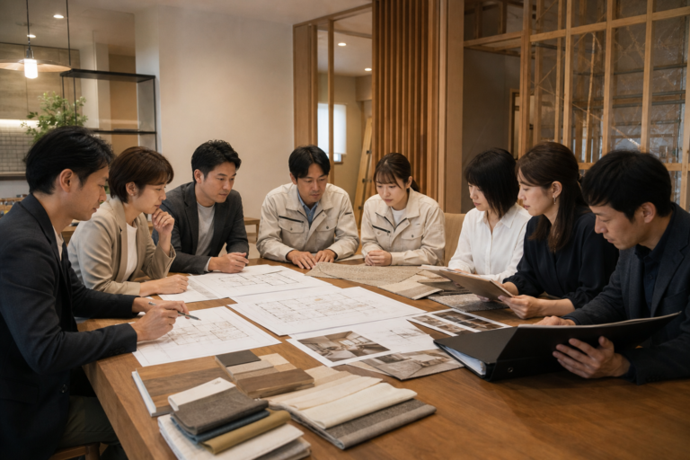 住宅図面と内装サンプルを囲んで相談する人々のイメージ