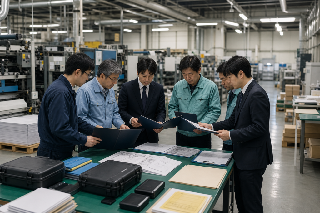 印刷工場で複数の担当者が資料を確認するイメージ