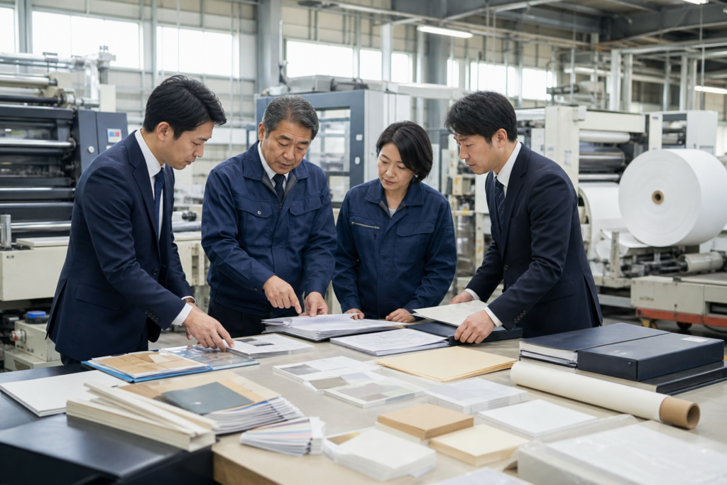 印刷工場で複数の担当者が資料を確認するイメージ