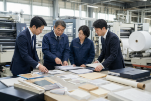 印刷工場で複数の担当者が資料を確認するイメージ